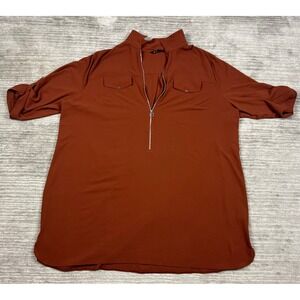 Capsule Top Womens 28 Rust Orange Zip Front Roll Tab Sleeve Tunic Blouse GM103